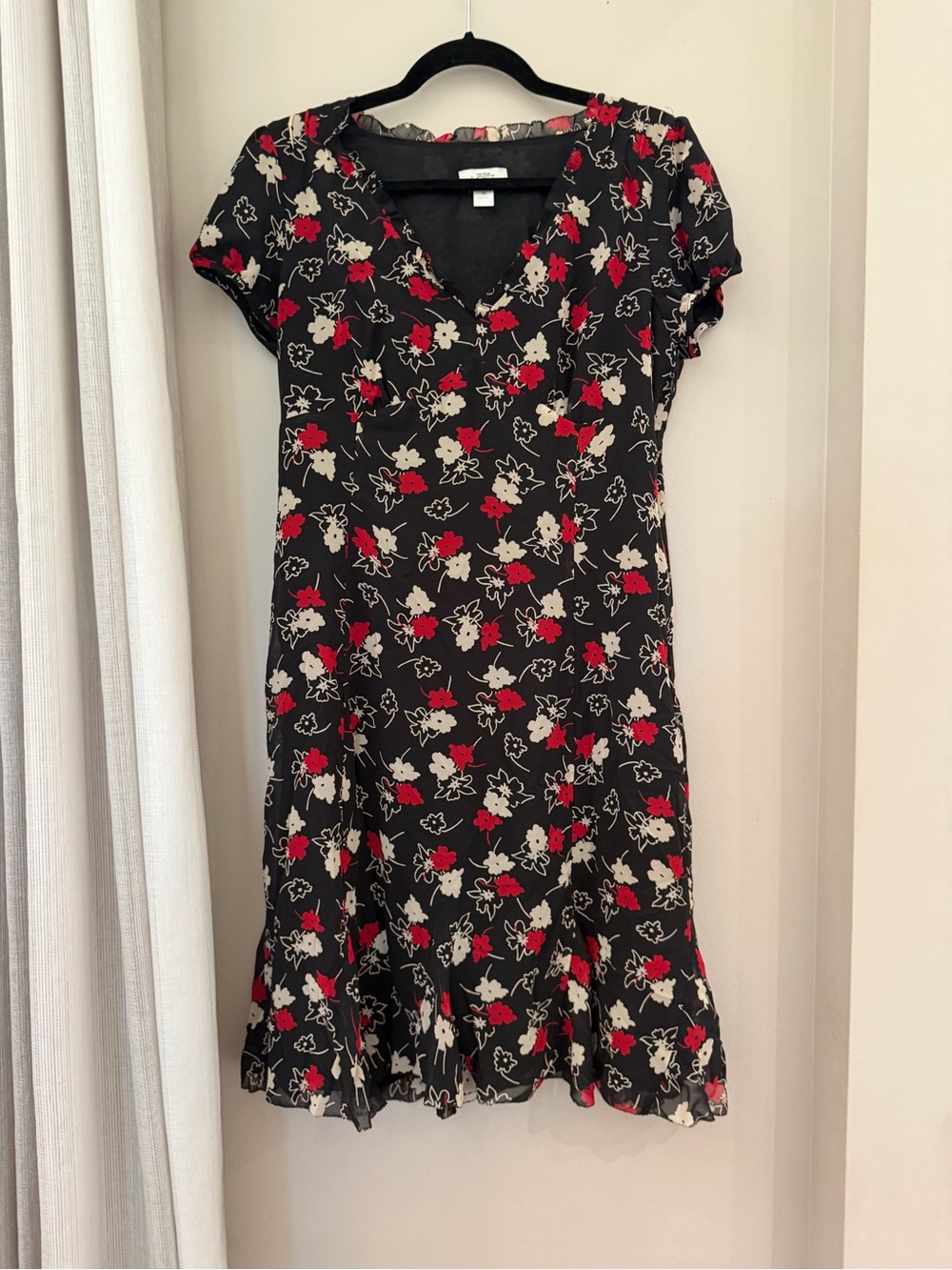 LOFT Black Floral Midi Dress with Red and Cream Flowers